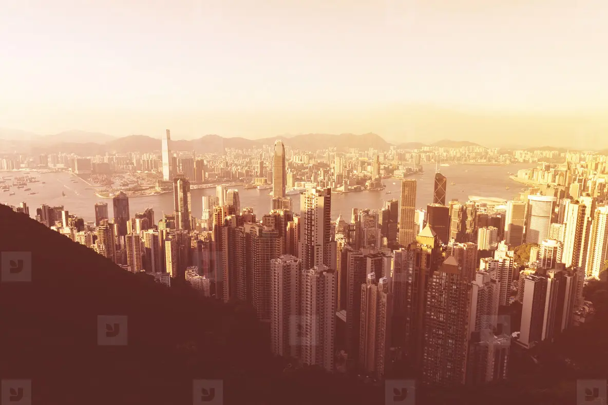 Hong Kong Skyline At Golden Sunset View From Victoria Peak Photo ...