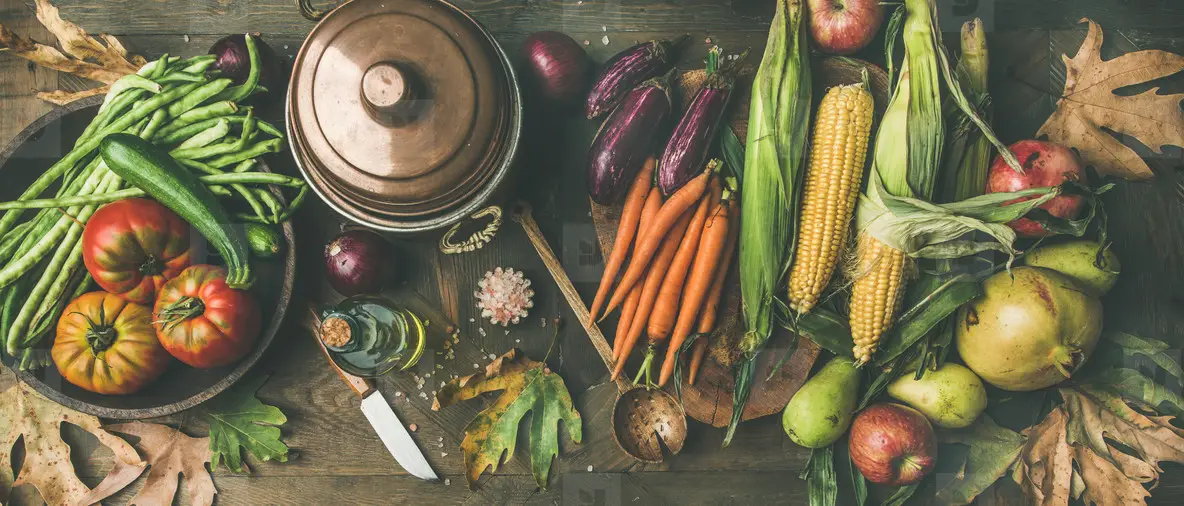 Fall healthy cooking background  wide composition