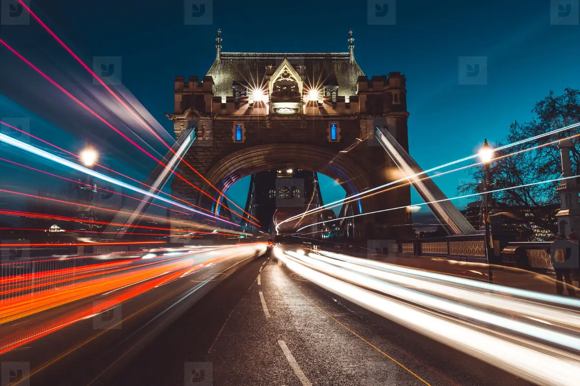 Traffic Light Trails On Tower Bridge London City Skyline At Nigh Photo ...