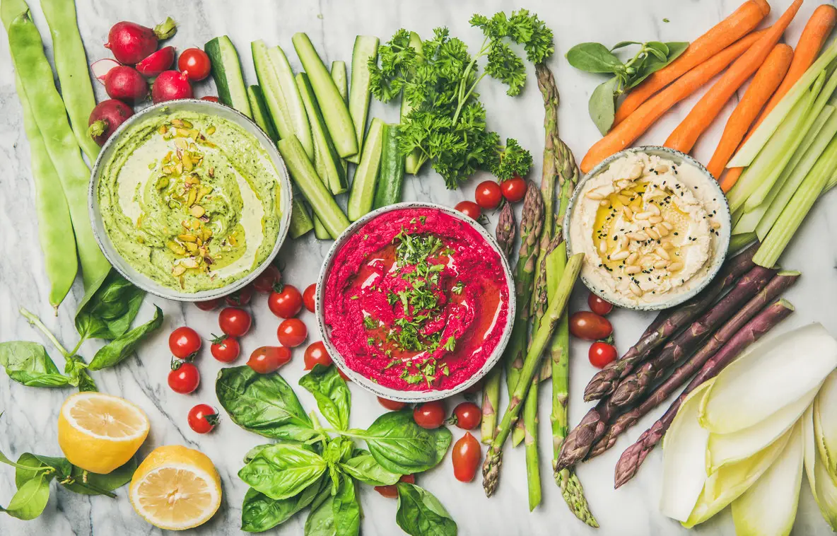 Healthy Summer Vegan Snack Plate With Hummus And Vegetables Photo