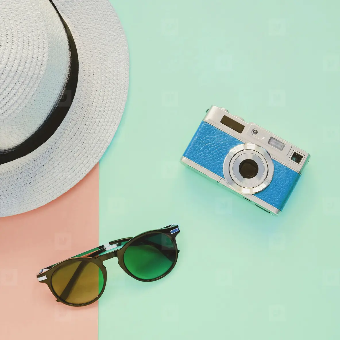 Creative Flat Lay Fashion Style With Camera, Sunglasses Photo
