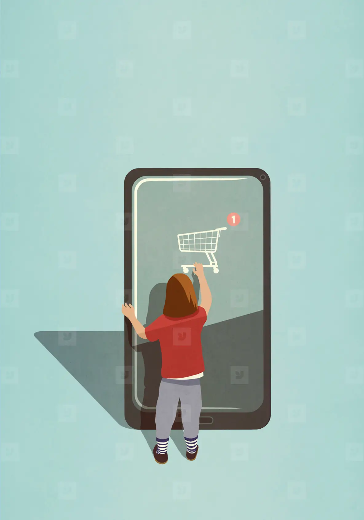 Girl using online shopping app on large smart phone