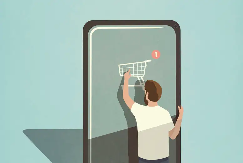 Man online shopping with mobile app on large smart phone
