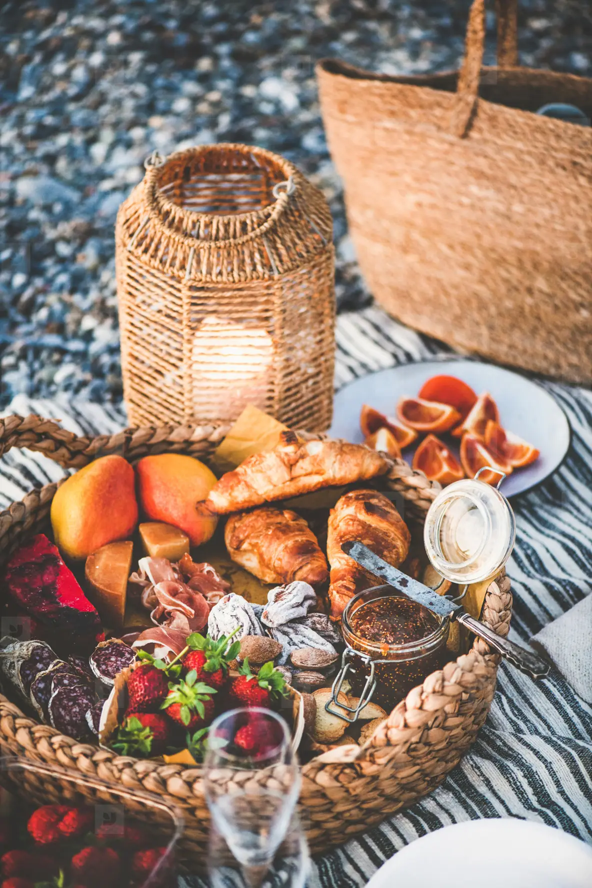 Summer Picnic Concept With Tasty Appetizers, Fruits And Croissants