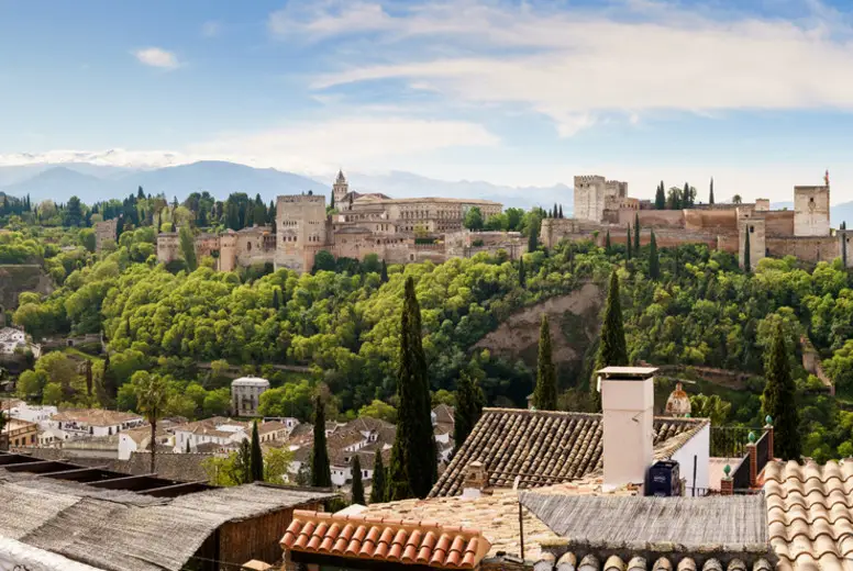 GRANADA, SPAIN, 23RD APRIL, 2020 Panoramic view of the Alhamabra from Albaicin empty of people