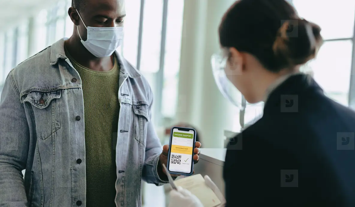 Man using vaccine passport to travel during pandemic