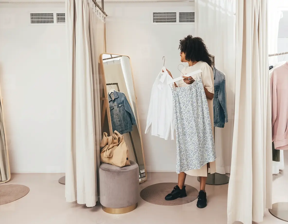 Young Woman Choosing Clothes While Standing In Fitting Room In A