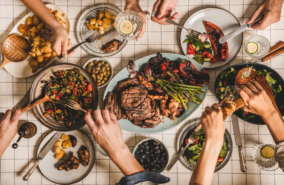 Flat lay of summer barbeque family party woth various dishes