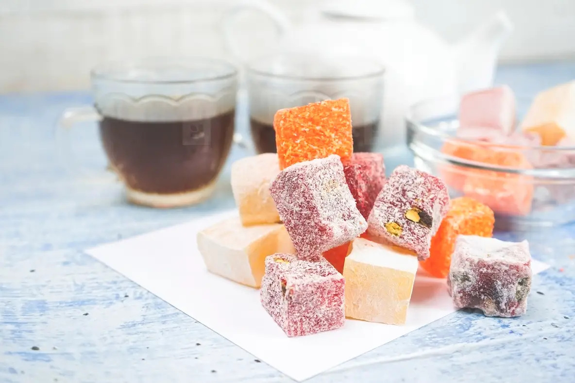Delicious turkish delights with black tea