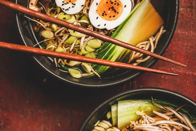 Japanese traditional Ramen soup with chicken and shiitake mushrooms