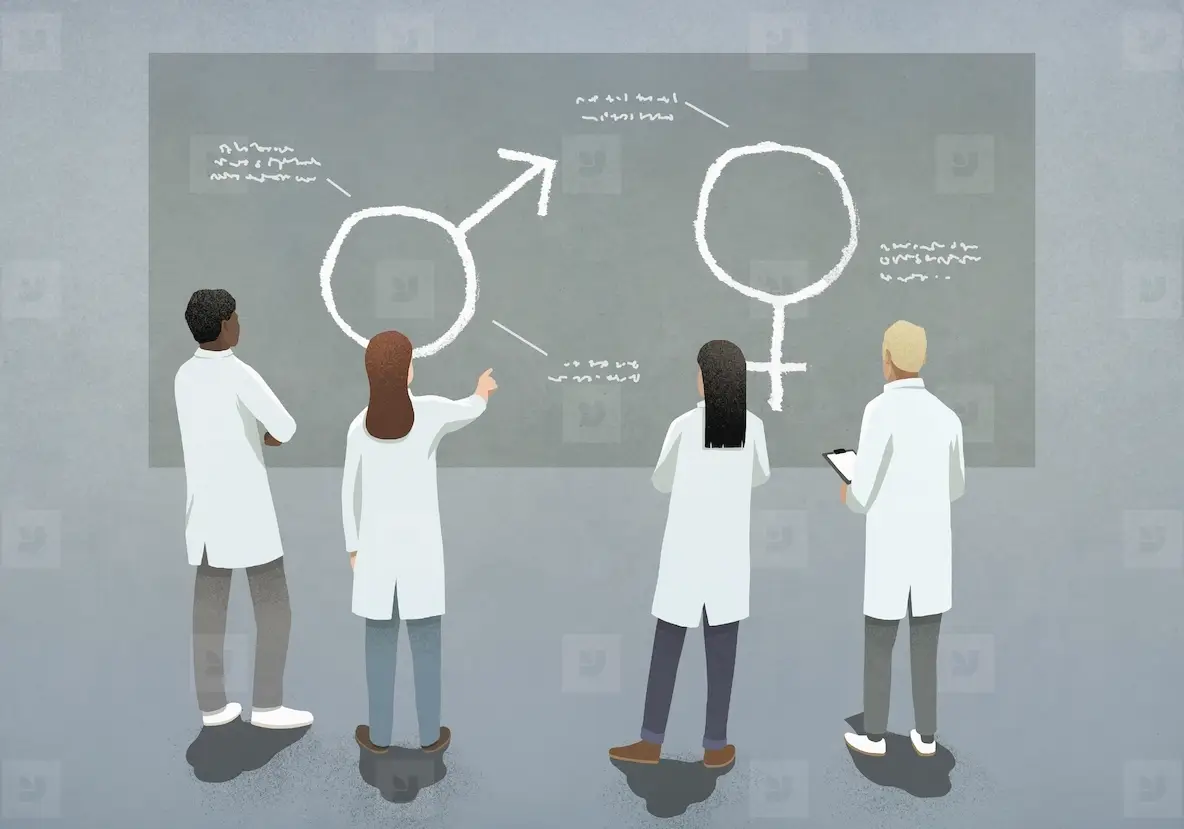 Scientists looking at male and female symbols on blackboard