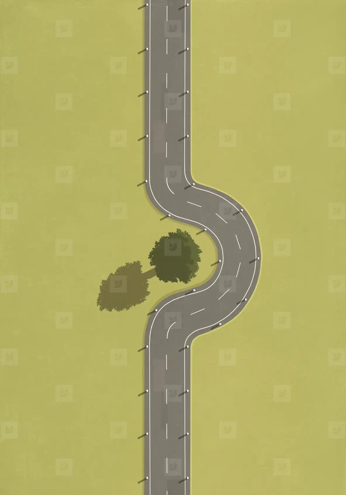 Road curved around tree