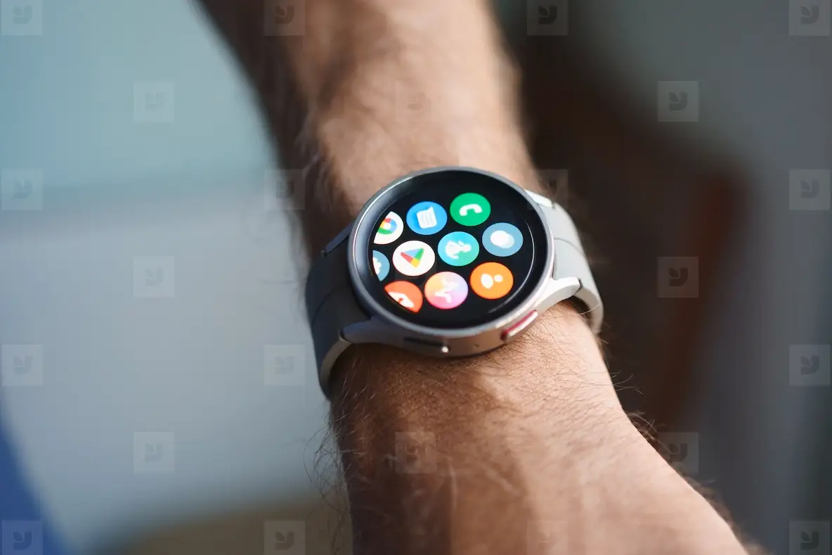 Granada  Andalusia  Spain   September 28  2022 Man using the app screen of the new Samsung Watch 5 Pro