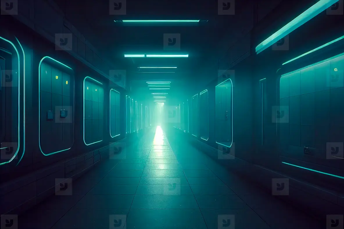 Abstract Sci Fi Futuristic Hallway Dark Room In Space Station Wi Photo ...