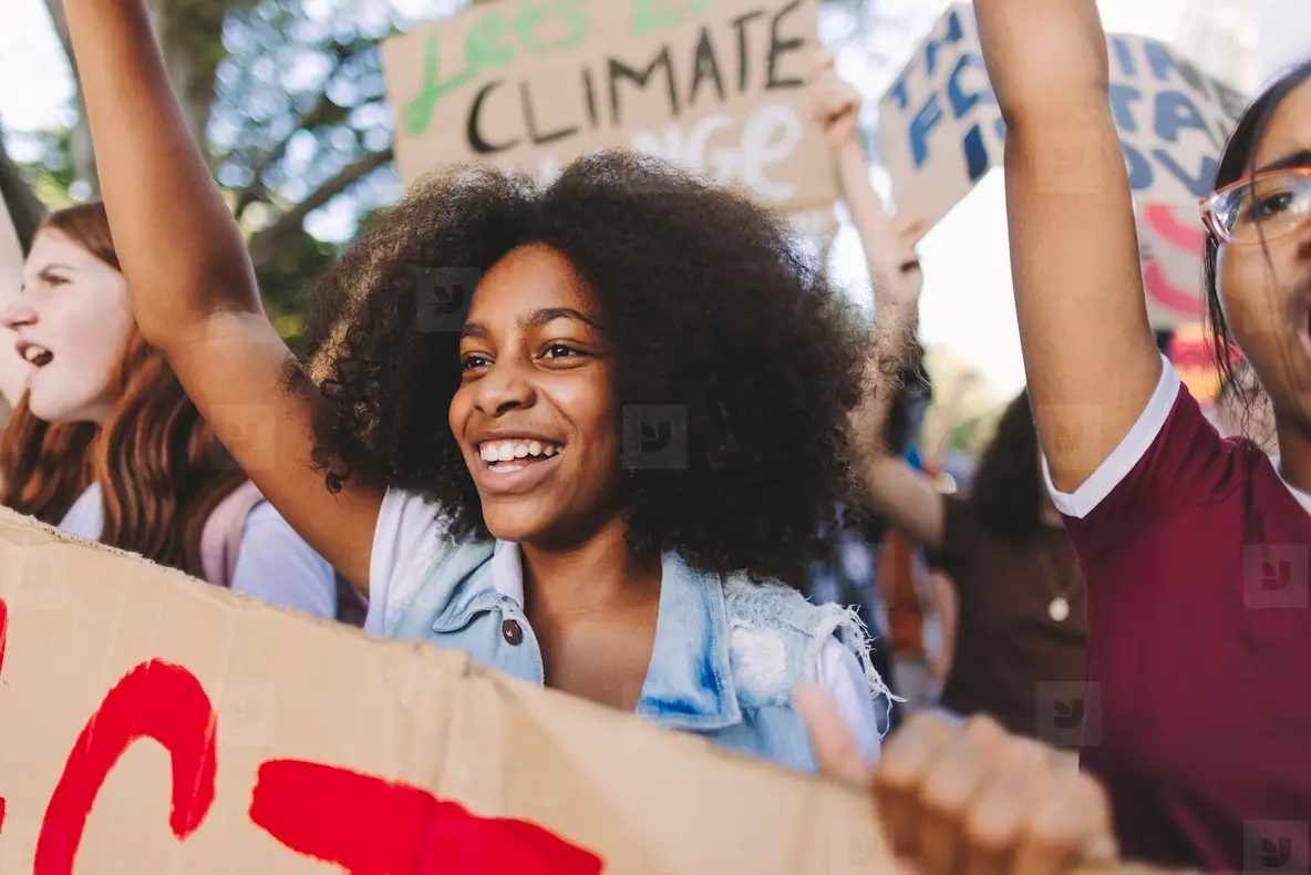 Happy Young People Standing Up Against Climate Change And Global ...