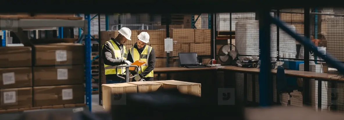 Warehouse employees reading a clipboard in a logistics centre