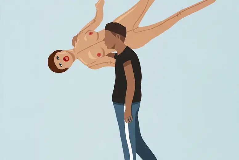 Young Man Carrying Inflatable Sex Doll On Blue Background Photo (269068)