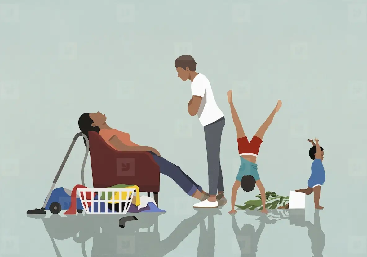 Angry husband with kids watching exhausted wife sleeping in armchair in messy living room at home
