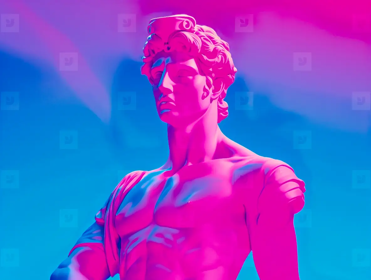Greek god sculpture in retrowave city pop design  vaporwave styl