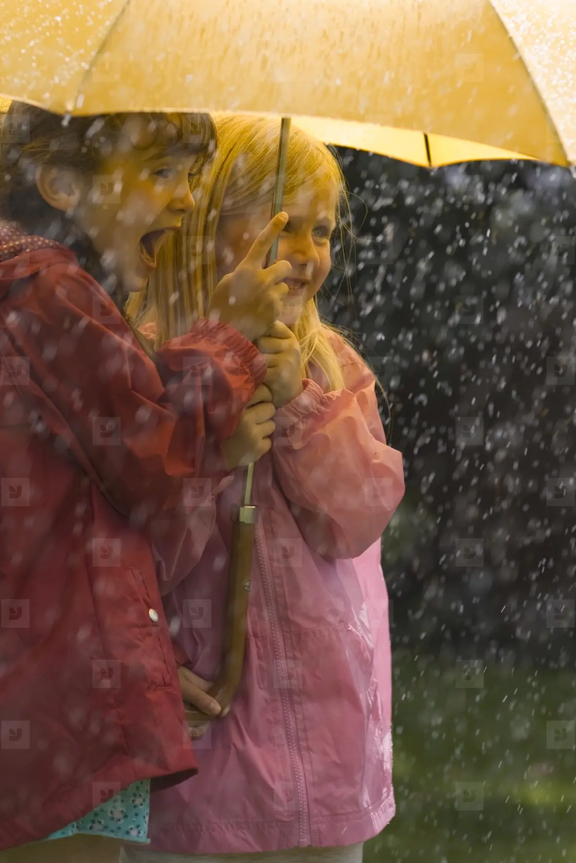 Two Young Girls In The Rain Under Yellow Umbrella Photo (278166 ...