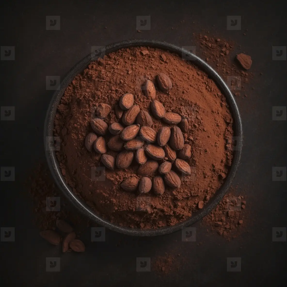Almond nuts in cocoa powder on a table  top view