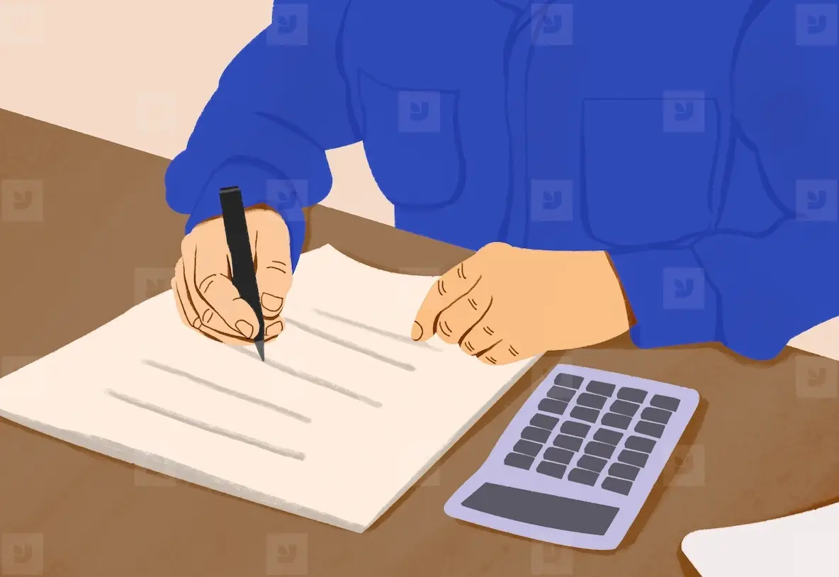 Man with calculator and paperwork paying bills at dining table