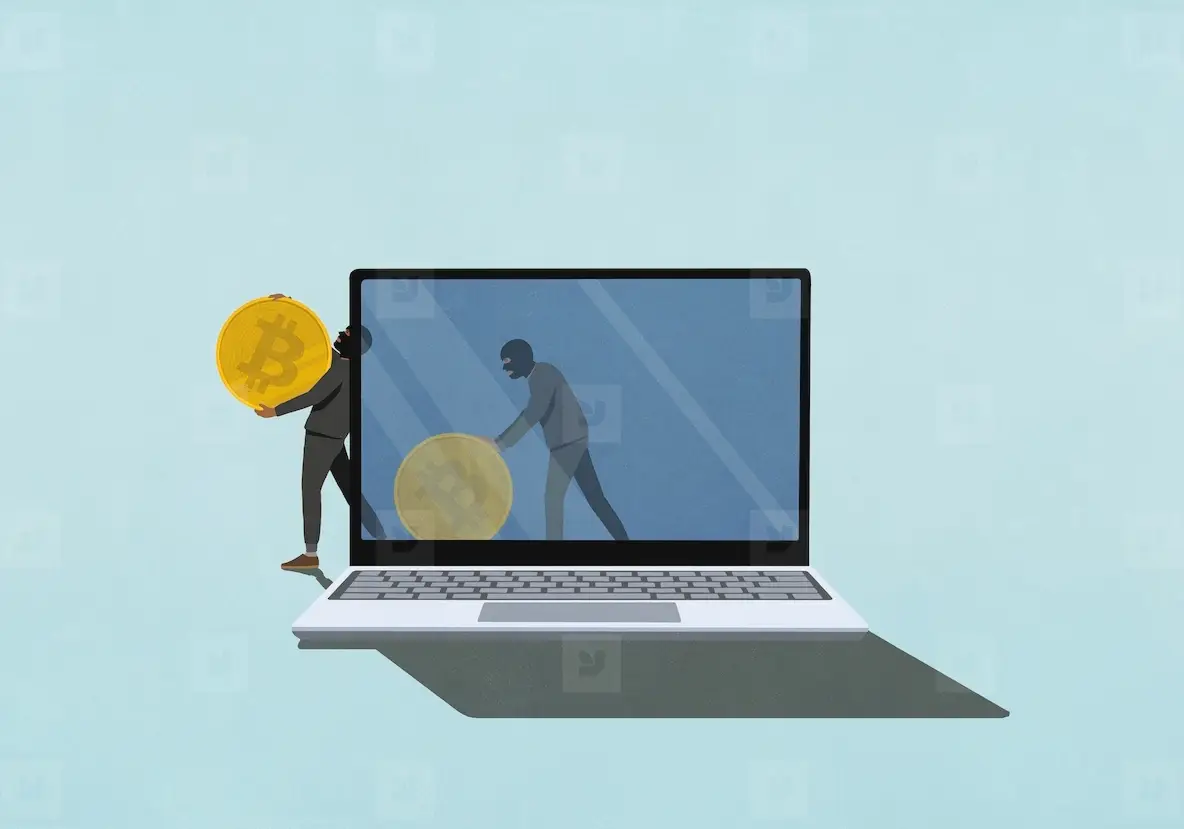 Cyber thieves stealing Bitcoin on laptop screen