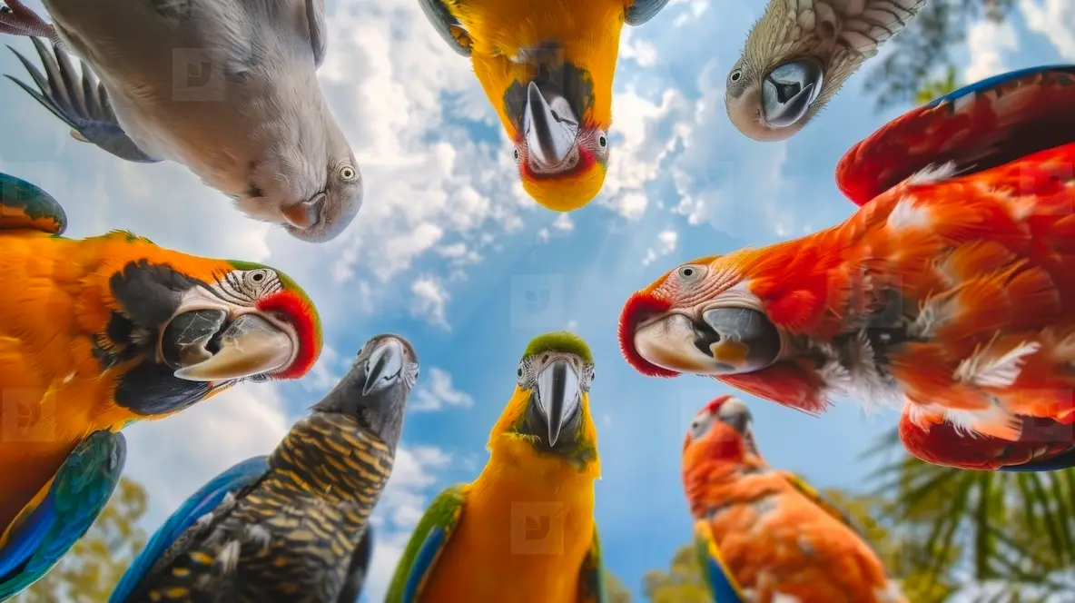 Bottom view of a parrots against the sky