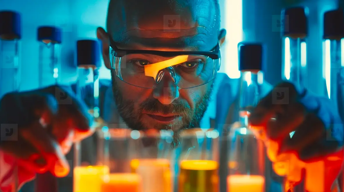 Man scientist in laboratory holding test tubes and beakers