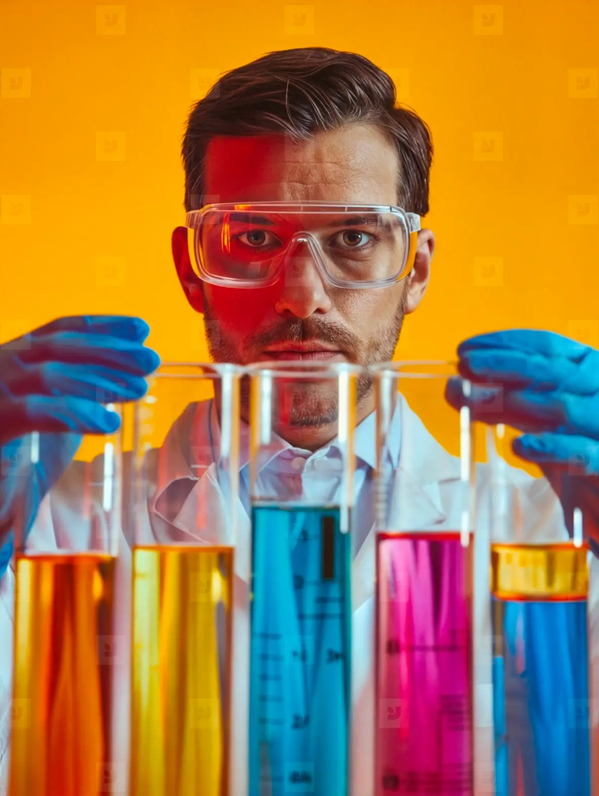 Man scientist in laboratory holding test tubes and beakers