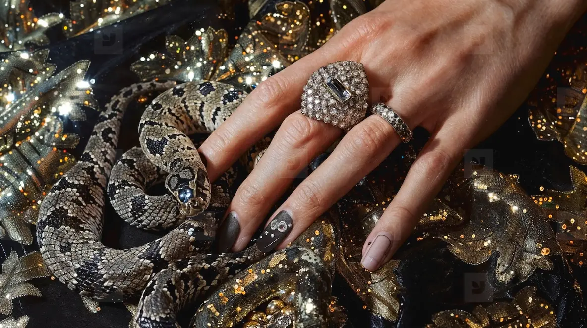 A hand with a beautiful manicure holds a snake