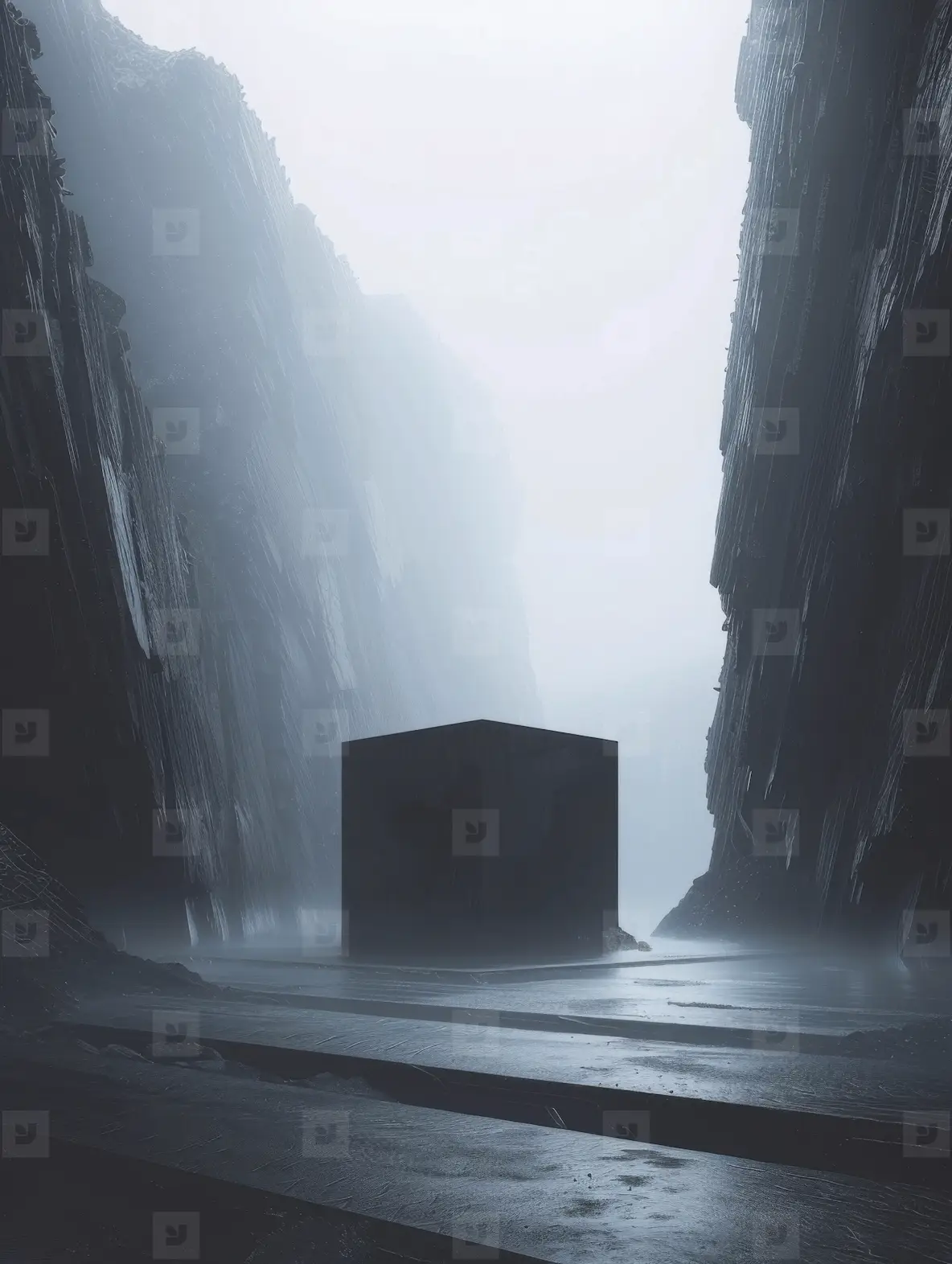 A black cube floating in the air in surreal word