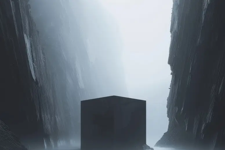 A black cube floating in the air in surreal word