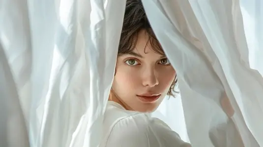 An young woman looks out from behind a white curtain