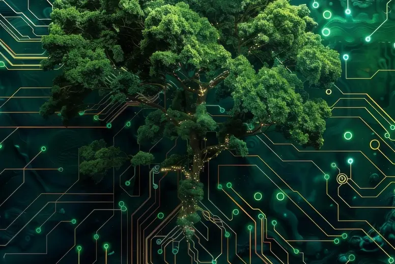 A green tree grows among the microcircuit