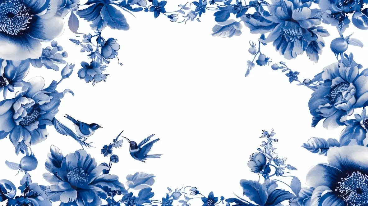 Blue floral frame on white background in toile style