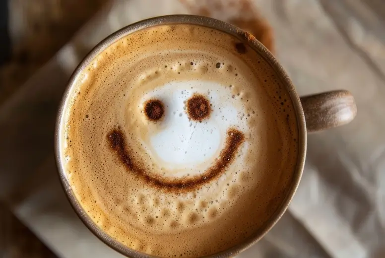 Top view of a cup of coffee. Coffee foam in the shape of a smile