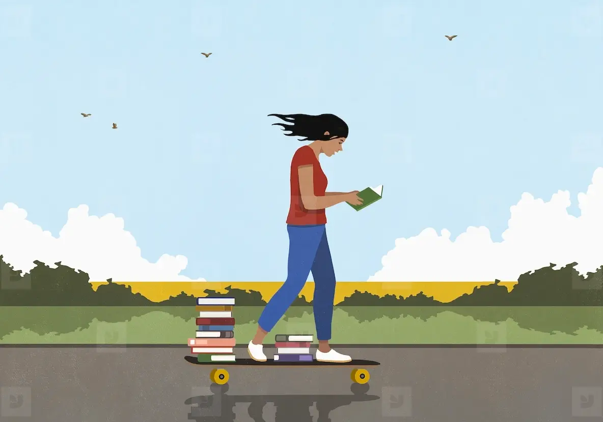 Woman with stack of books skateboarding and reading on sunny
