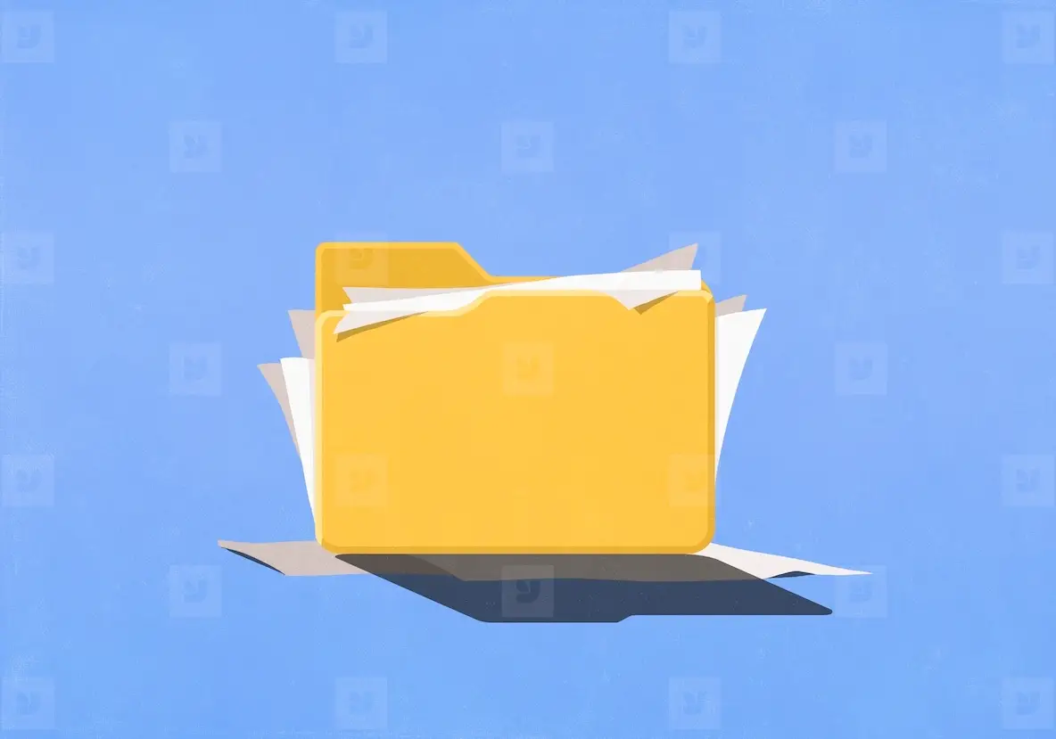 Paperwork spilling out of folder on blue background