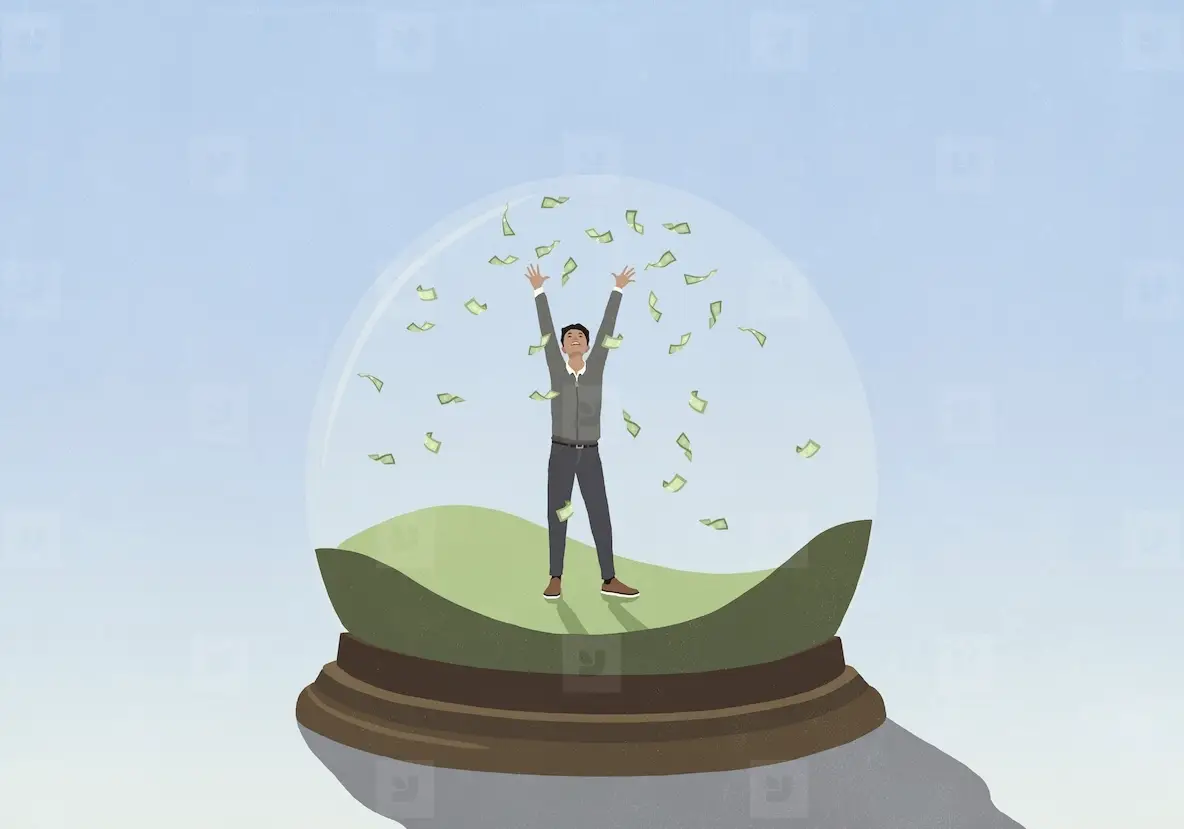 Man inside snow globe throwing money overhead