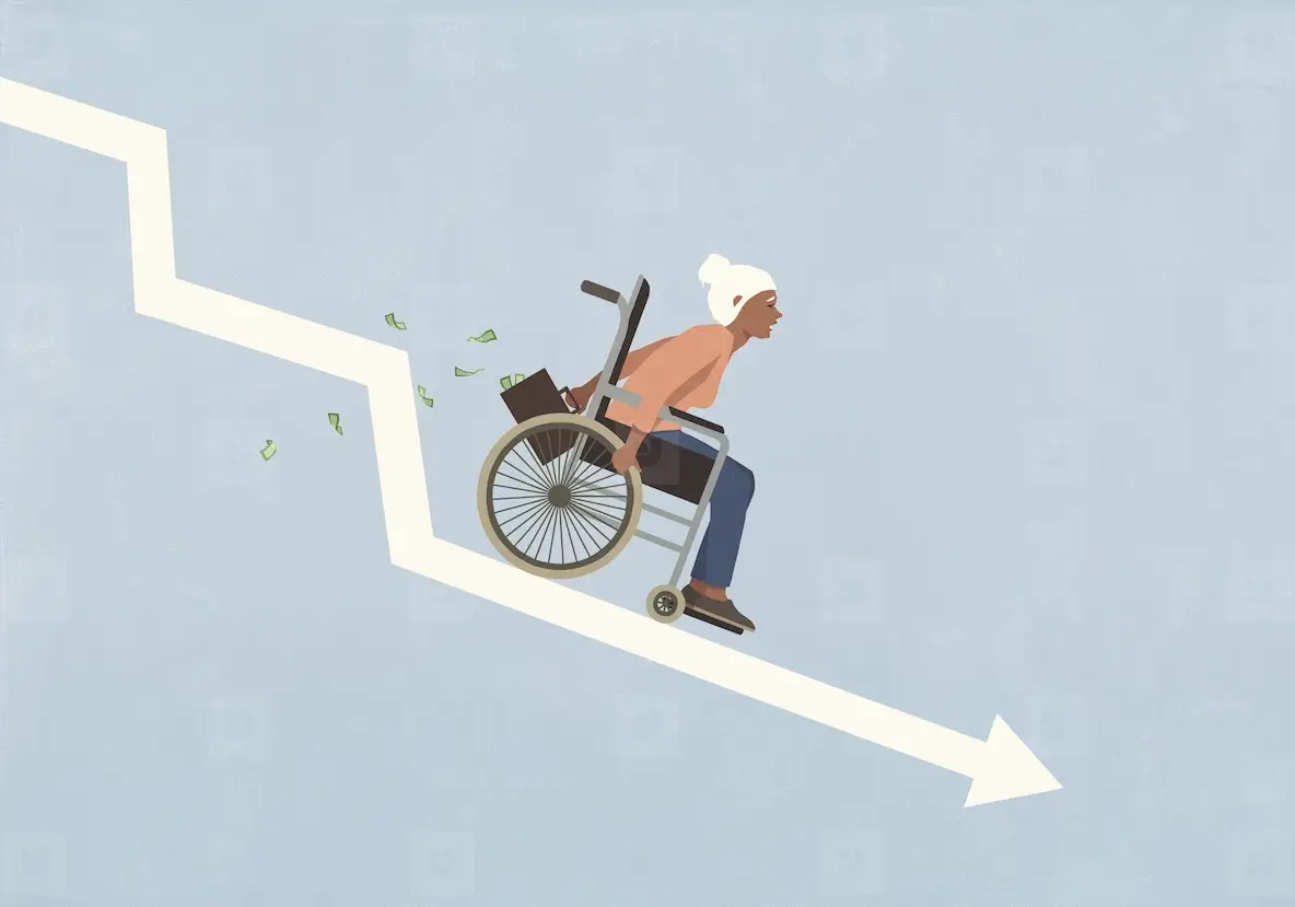 Senior woman in wheelchair with money briefcase speeding down descending graph arrow