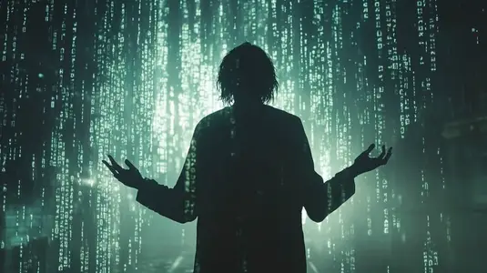 silhouetted figure stands before cascading digital code  evoking sense of mystery