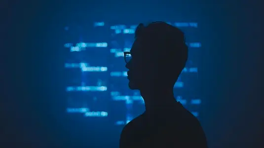 Silhouette of person in front of digital screen  creating mysterious atmosphere