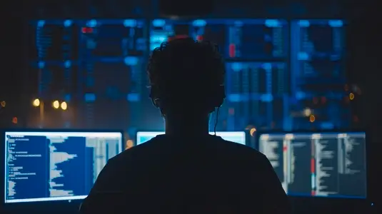 silhouette of hacker in front of multiple computer screens