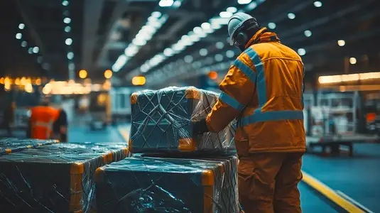 Baggage handler in safety gear organizing luggage at airport terminal