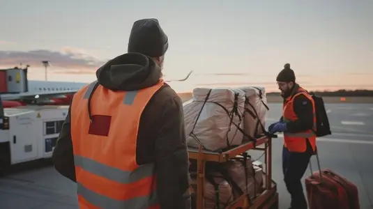 Baggage handlers load suitcases onto cart at sunrise on airport tarmac