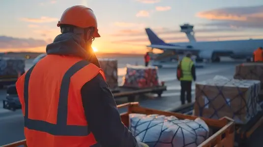 Baggage handlers load suitcases onto airplane at sunset  creating busy scene