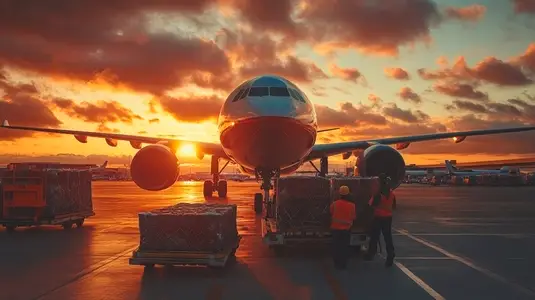 Airplane being loaded with cargo at sunset  creating dramatic scene