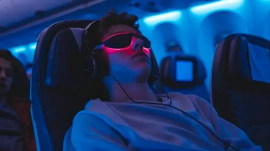 Person relaxing on night flight wearing headphones and glowing glasses