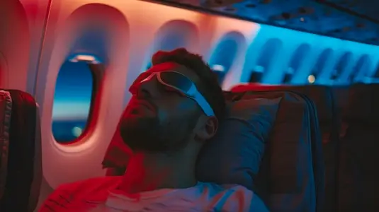 Sleeping passenger on night flight with ambient lighting